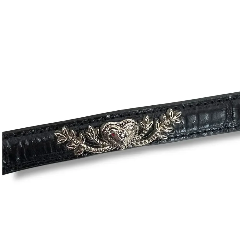 Black Leather Belt With Silver Floral Hearts Motif Buckle Western Goth Preppy